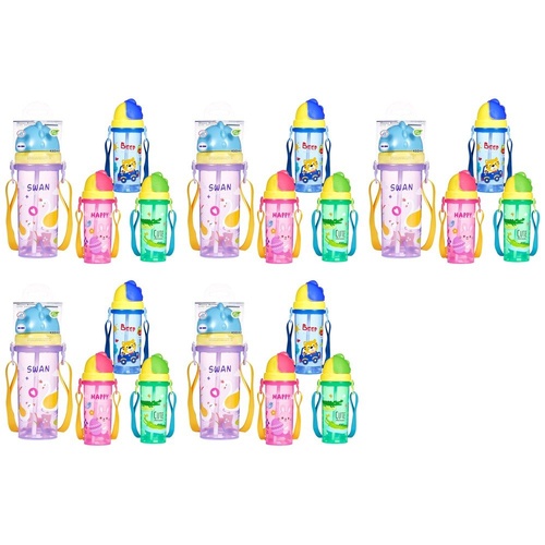 Momeasy Kids Water Bottle 450mL with Straw and Strap - Random Design and Colour Supplied Pack of 5