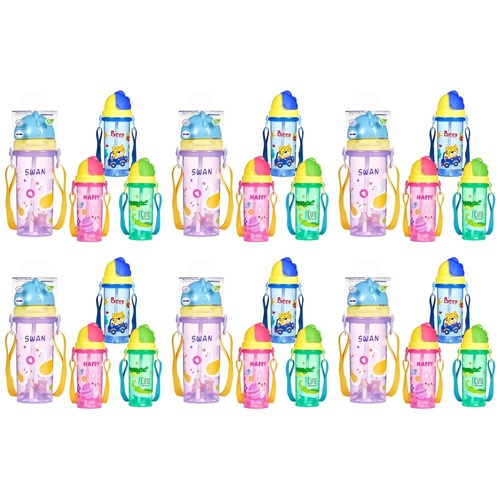 Momeasy Kids Water Bottle 450mL with Straw and Strap - Random Design and Colour Supplied Pack of 6
