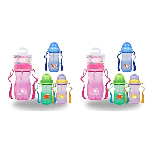 Momeasy Kids Water Bottle 410mL with Straw and Strap 9m+ - Random Design and Colour Supplied Pack of 2