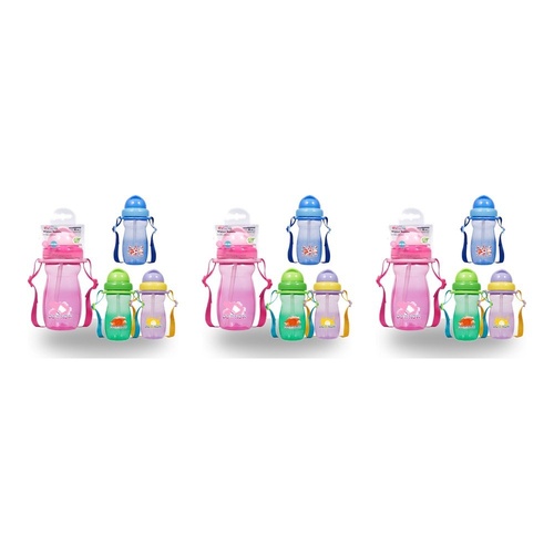 Momeasy Kids Water Bottle 410mL with Straw and Strap 9m+ - Random Design and Colour Supplied Pack of 3