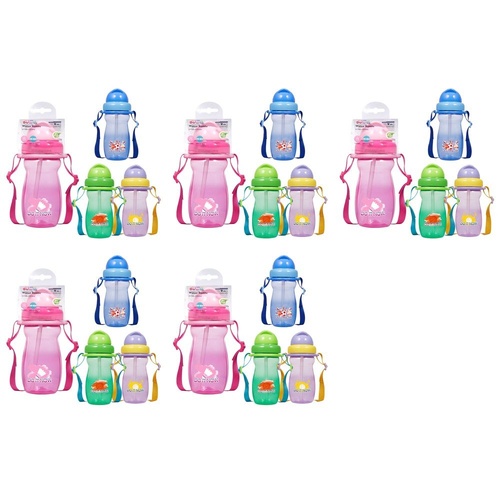 Momeasy Kids Water Bottle 410mL with Straw and Strap 9m+ - Random Design and Colour Supplied Pack of 5