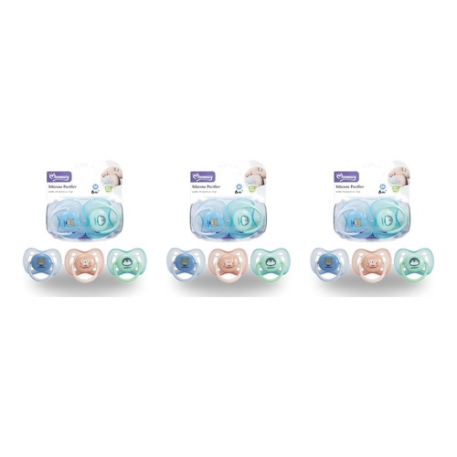 Momeasy Silicone Pacifier 2 Pack with Protective Caps 6m+ - Random Design and Colour Supplied Bundle of 3