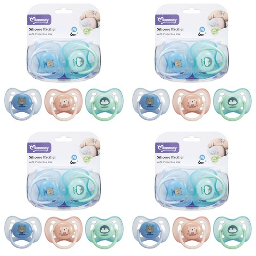 Momeasy Silicone Pacifier 2 Pack with Protective Caps 6m+ - Random Design and Colour Supplied Bundle of 4