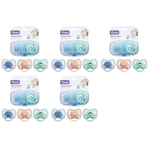 Momeasy Silicone Pacifier 2 Pack with Protective Caps 6m+ - Random Design and Colour Supplied Bundle of 5