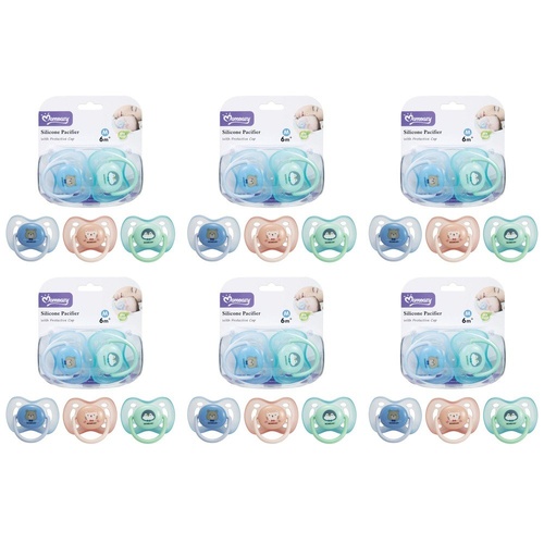 Momeasy Silicone Pacifier 2 Pack with Protective Caps 6m+ - Random Design and Colour Supplied Bundle of 6