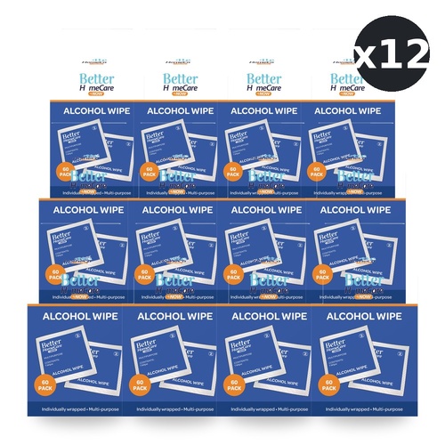 Better HomeCare Now Alcohol Wipes 60 Pack Individually Wrapped Multi-Use Bundle of 12