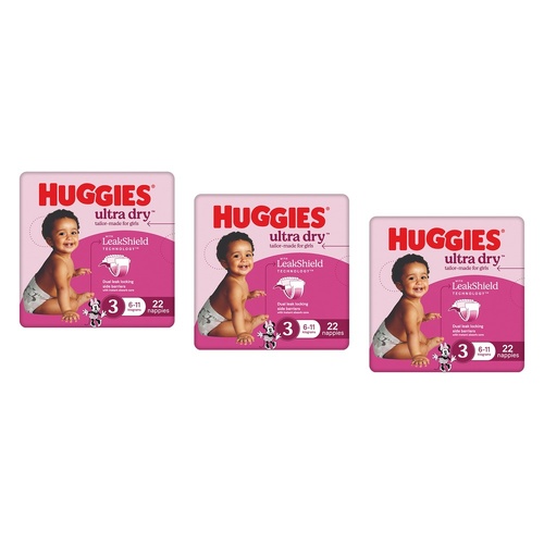 Huggies Ultra Dry Tailor-Made for Girls Size 3 22 Nappies x 4 Bundle of 3