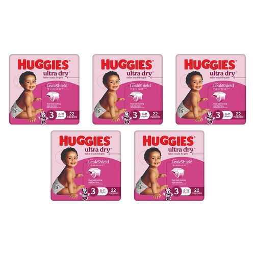 Huggies Ultra Dry Tailor-Made for Girls Size 3 22 Nappies x 4 Bundle of 5
