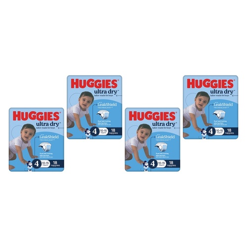 Huggies Ultra Dry Tailor-Made for Boys Size 4 18 Nappies x 4 Bundle of 4