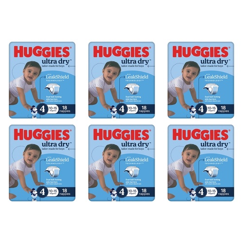 Huggies Ultra Dry Tailor-Made for Boys Size 4 18 Nappies x 4 Bundle of 6