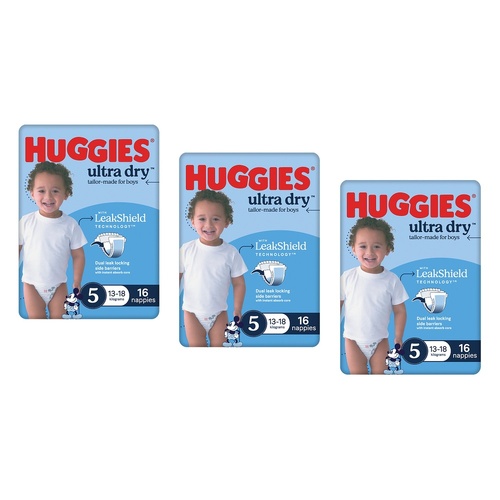 Huggies Ultra Dry Tailor-Made for Boys Size 5 16 Nappies x 4 Bundle of 3