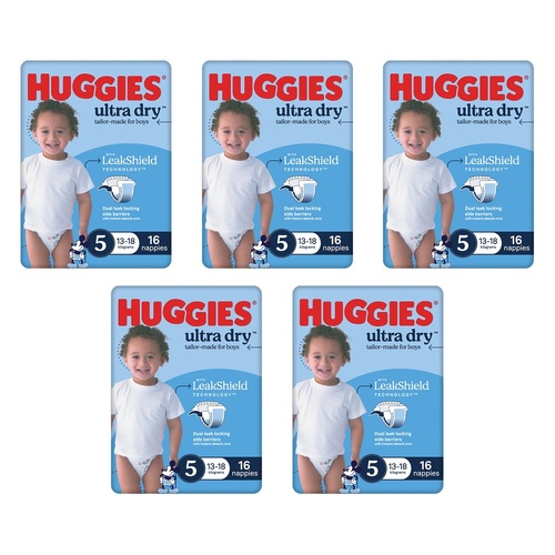 Huggies Ultra Dry Tailor-Made for Boys Size 5 16 Nappies x 4 Bundle of 5
