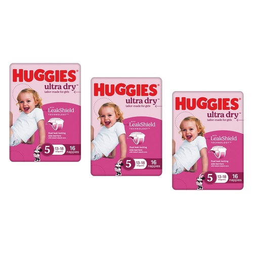 Huggies Ultra Dry Tailor-Made for Girls Size 5 16 Nappies x 4 Bundle of 3