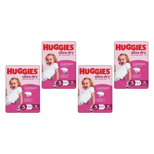 Huggies Ultra Dry Tailor-Made for Girls Size 5 16 Nappies x 4 Bundle of 4
