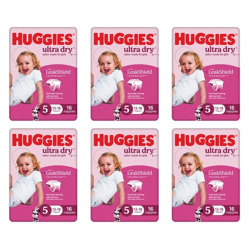 Huggies Ultra Dry Tailor-Made for Girls Size 5 16 Nappies x 4 Bundle of 6
