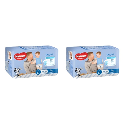 Huggies Ultra Dry Nappies for Boys Size 6 16kg & Over 14 Pack x 4 Bundle of 2