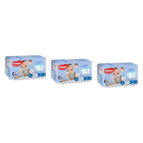 Huggies Ultra Dry Nappies for Boys Size 6 16kg & Over 14 Pack x 4 Bundle of 3