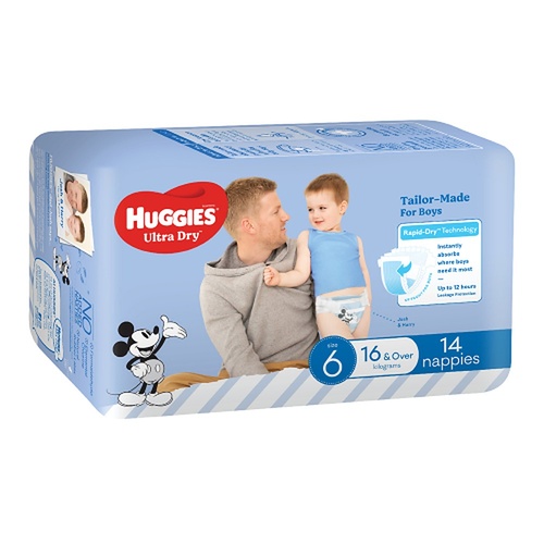 Huggies Ultra Dry Nappies for Boys Size 6 16kg & Over 14 Pack x 4