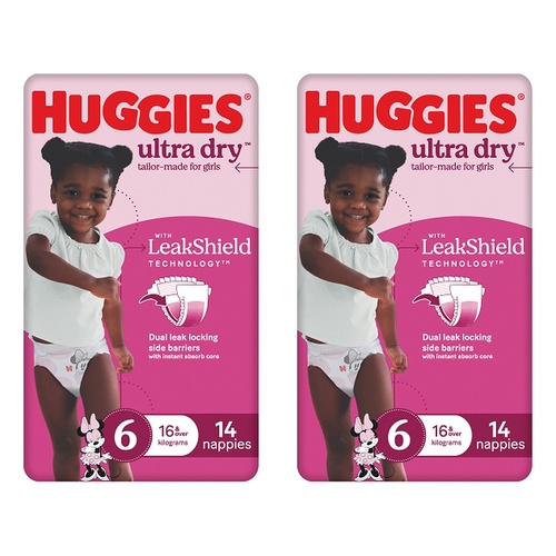 Huggies Ultra Dry Tailor-Made for Girls Size 6 14 Nappies x 4 Bundle of 2