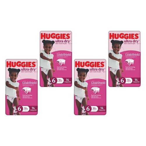 Huggies Ultra Dry Tailor-Made for Girls Size 6 14 Nappies x 4 Bundle of 4