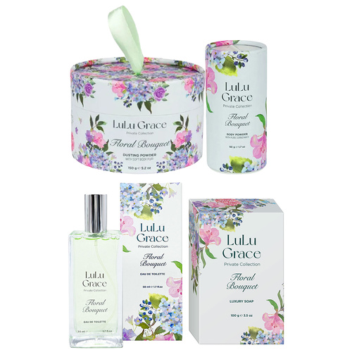 Lulu Grace Floral Bouquet Set EDT Soap Talc Free Body and Dusting Powder