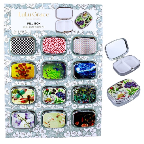 Lulu Grace Dual Compartment Pill Box Assorted Designs Display of 12