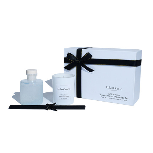 Lulu Grace White Musk Gift Set 100ml Glass Diffuser And 100gm Candle With Ribbon