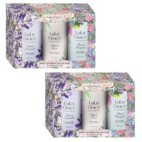 Lulu Grace 3 Piece Body Powder Gift Set 3 x 50g Lavender Rose And Floral Bouquet x 2