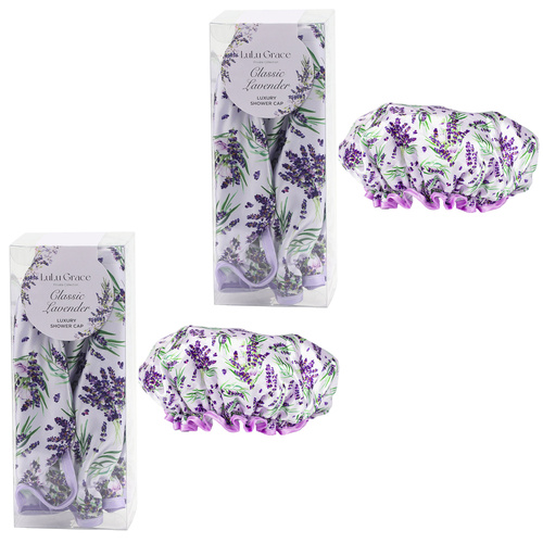 Lulu Grace Luxury Shower Cap 2 Pack Reusable Waterproof Lavender Print