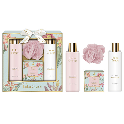 Lulu Grace Lily & Peony Bath Gift Set Shower Gel Lotion Soap & Loofah