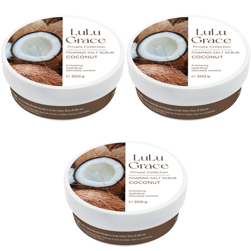 Lulu Grace Coconut Foaming Salt Body Scrub 3 x 300g Exfoliating Cleanser