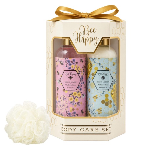 Lulu Grace Bee Happy Body Wash and Lotion Set with Puff