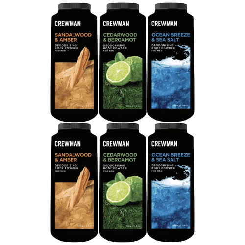 Crewman Body Powder 200g 6 Pack Sandalwood Amber Cedarwood Bergamot Ocean Breeze