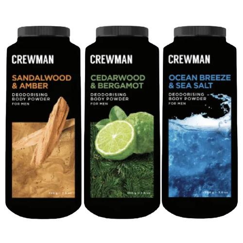 Crewman Body Powder 200g 3 Pack Sandalwood Amber Cedarwood Bergamot Ocean Breeze