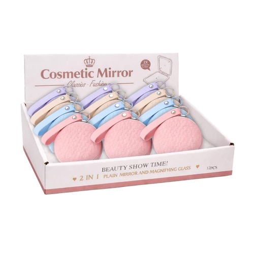Cosmetic Compact Mirror with Wrist Strap Assorted Colours Display of 12