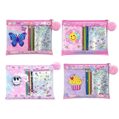 Kids Plush Notebook Stationery Gift Set in Zip Pouch Assorted Designs - Random Design Supplied