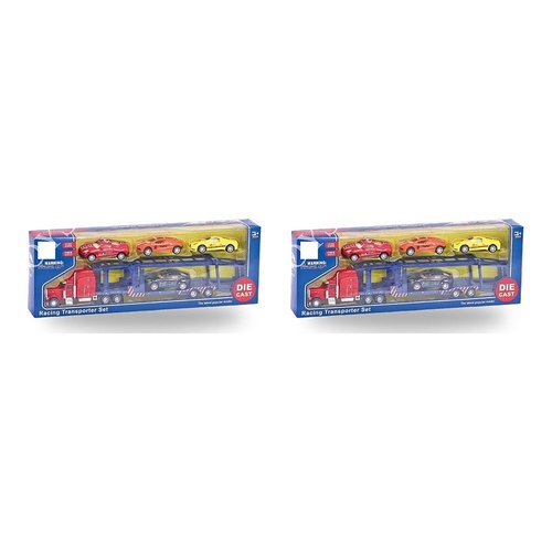 Die-Cast Racing Transporter Set Truck with 4 Race Cars Bundle of 2
