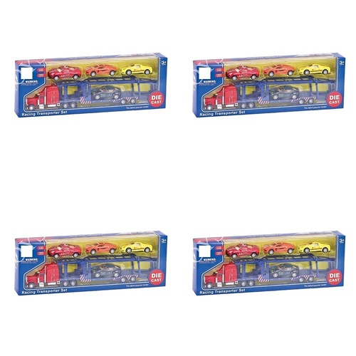 Die-Cast Racing Transporter Set Truck with 4 Race Cars Bundle of 4