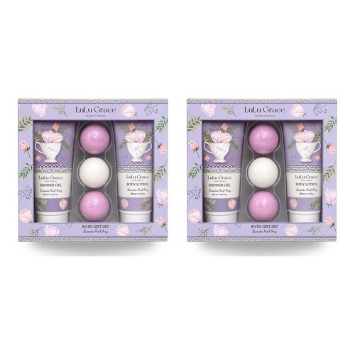 Lulu Grace Lavender Earl Grey Bath Gift Set Shower Gel 200mL, Body Lotion 200mL & 3 Bath Fizzers Bundle of 2
