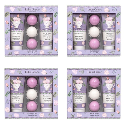 Lulu Grace Lavender Earl Grey Bath Gift Set Shower Gel 200mL, Body Lotion 200mL & 3 Bath Fizzers Bundle of 4