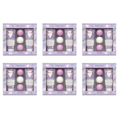 Lulu Grace Lavender Earl Grey Bath Gift Set Shower Gel 200mL, Body Lotion 200mL & 3 Bath Fizzers Bundle of 6