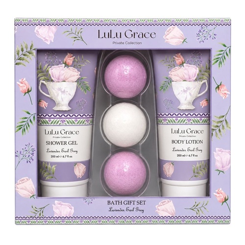 Lulu Grace Lavender Earl Grey Bath Gift Set Shower Gel 200mL, Body Lotion 200mL & 3 Bath Fizzers
