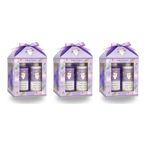 Lulu Grace Lavender Earl Grey Bath Gift Set Shower Gel 200mL, Body Lotion 200mL & Bath Sponge Bundle of 3