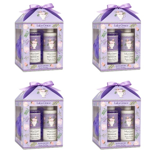 Lulu Grace Lavender Earl Grey Bath Gift Set Shower Gel 200mL, Body Lotion 200mL & Bath Sponge Bundle of 4