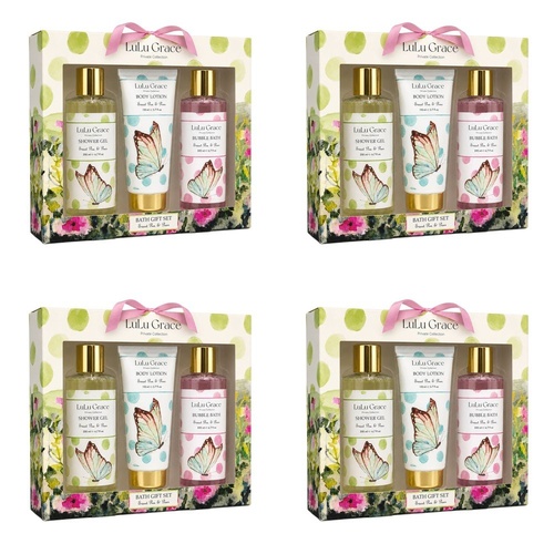 Lulu Grace Sweet Pea & Pear Bath Gift Set Shower Gel 200mL, Bubble Bath 200mL & Body Lotion 110mL Bundle of 4
