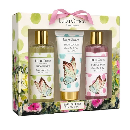 Lulu Grace Sweet Pea & Pear Bath Gift Set Shower Gel 200mL, Bubble Bath 200mL & Body Lotion 110mL
