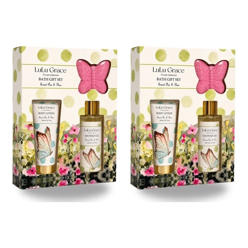 Lulu Grace Sweet Pea & Pear Bath Gift Set Shower Gel 200mL, Body Lotion 110mL & Butterfly Bath Fizzer 60g Bundle of 2