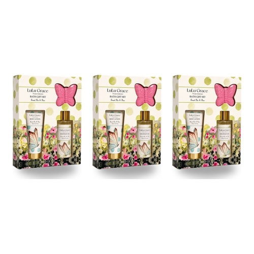 Lulu Grace Sweet Pea & Pear Bath Gift Set Shower Gel 200mL, Body Lotion 110mL & Butterfly Bath Fizzer 60g Bundle of 3