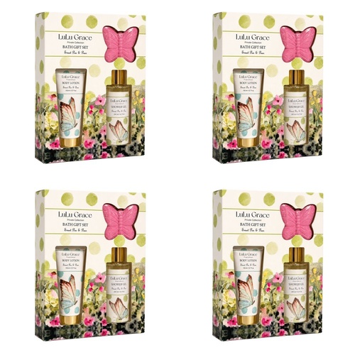 Lulu Grace Sweet Pea & Pear Bath Gift Set Shower Gel 200mL, Body Lotion 110mL & Butterfly Bath Fizzer 60g Bundle of 4