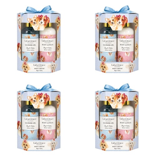 Lulu Grace Lily & Cotton Shower Gel 150mL, Body Lotion 150mL & Netting Sponge Gift Set Bundle of 4